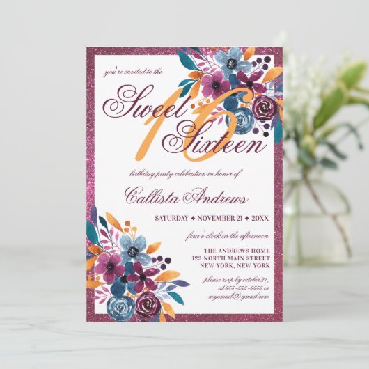 Bourgogne Navy Mosterd Waterverf Flowers Sweet 16 Kaart (Staand voorkant)