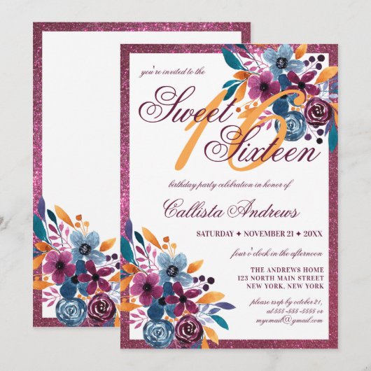 Bourgogne Navy Mosterd Waterverf Flowers Sweet 16 Kaart (Voorkant / Achterkant)