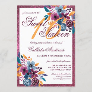 Bourgogne Navy Mosterd Waterverf Flowers Sweet 16 Kaart