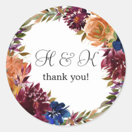 Bourgogne & Navy Oranje Herfst Floral Monogram - Ronde Sticker