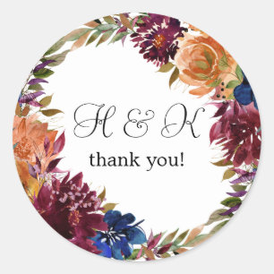 Bourgogne & Navy Oranje Herfst Floral Monogram - Ronde Sticker