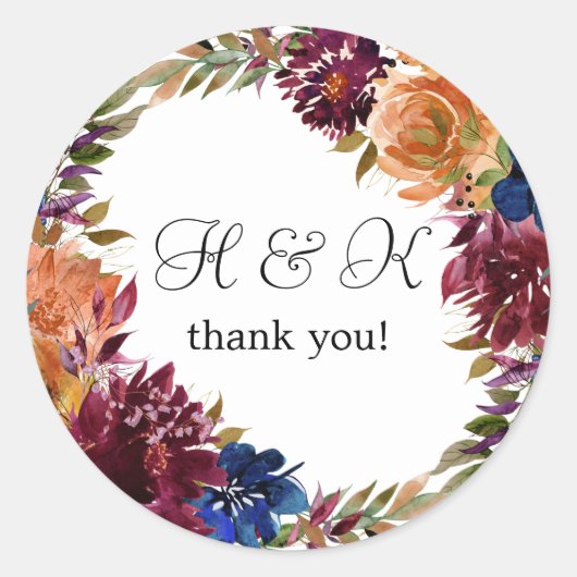 Bourgogne & Navy Oranje Herfst Floral Monogram - Ronde Sticker (Voorkant)