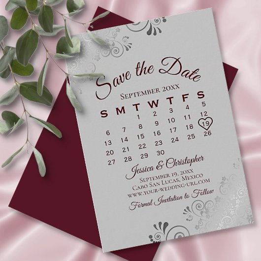Bourgogne op de Grijze Zilveren Wuwkalender Save The Date