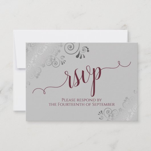 Bourgogne op het Gray Silver Lace Calligraphy Wedd RSVP Kaartje (Voorkant)