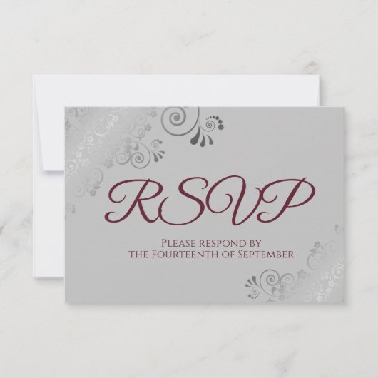 Bourgogne op het grijze Elegant Silver Wedding RSVP Kaartje (Voorkant)