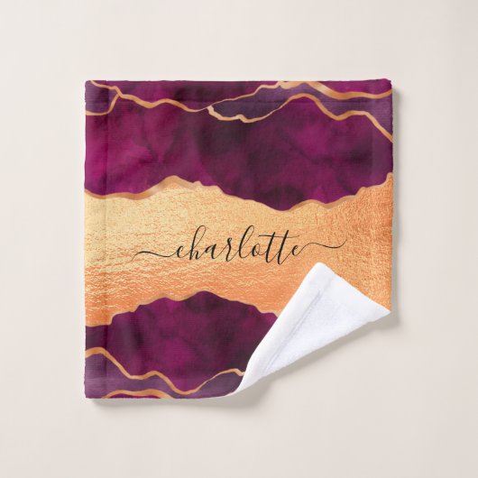 Bourgogne paars goud met marmer roos gouden naam bad handdoek (Wasdoekje)