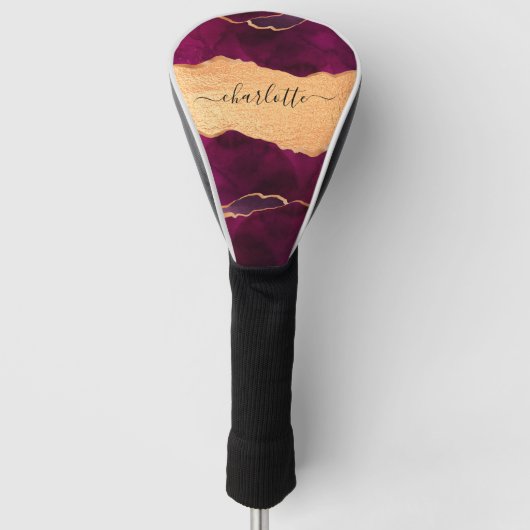 Bourgogne paars goud met marmer roos gouden naam golfheadcover (Voorkant)