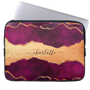 Bourgogne paars goud met marmer roos gouden naam laptop sleeve
