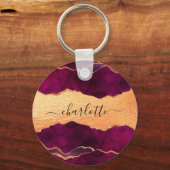 Bourgogne paars goud met marmer roos gouden naam sleutelhanger (Voorkant)