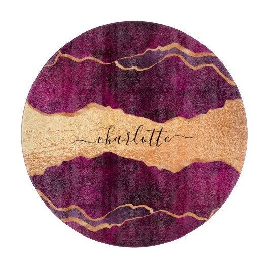 Bourgogne paars goud met marmer roos gouden naam snijplank (Voorkant)