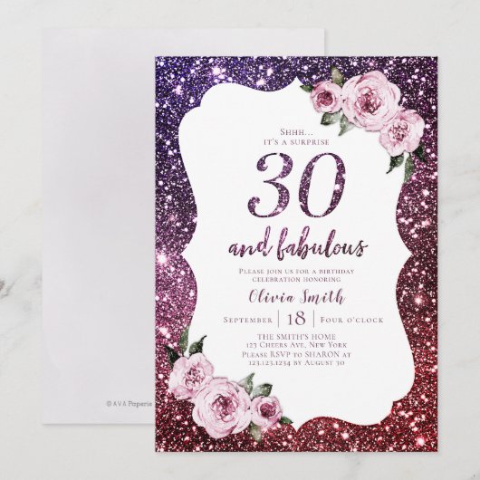 Bourgogne paarse glitter bloemen30e verjaardag kaart (Voorkant / Achterkant)