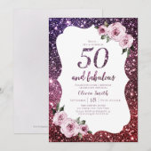 Bourgogne paarse glitter bloemen50e verjaardag kaart (Voorkant / Achterkant)