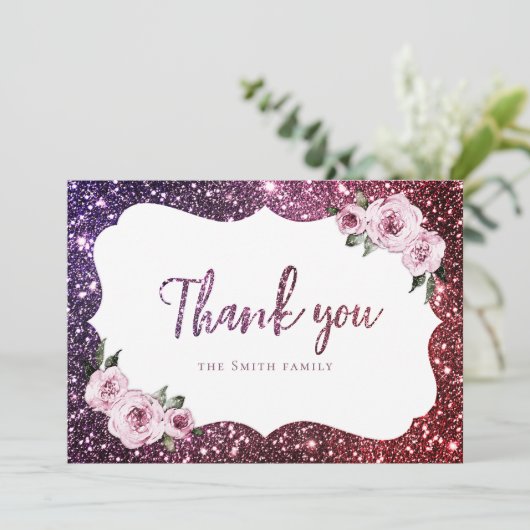 Bourgogne paarse glitter bloemendank u kaart (Staand voorkant)