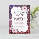 Bourgogne paarse glitter bloemenzoet 16 jarig kaart (Staand voorkant)