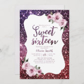 Bourgogne paarse glitter bloemenzoet 16 jarig kaart (Voorkant / Achterkant)
