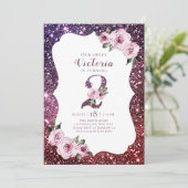 Bourgogne paarse glitter en bloemen2e verjaardag kaart (Staand voorkant)