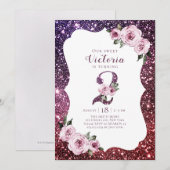 Bourgogne paarse glitter en bloemen2e verjaardag kaart (Voorkant / Achterkant)
