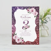 Bourgogne paarse glitter en bloemen3e verjaardag kaart (Staand voorkant)