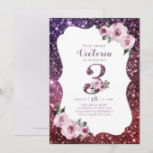 Bourgogne paarse glitter en bloemen3e verjaardag kaart (Voorkant / Achterkant)