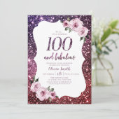 Bourgogne paarse glitter en bloemrijke 100e verjaa kaart (Staand voorkant)