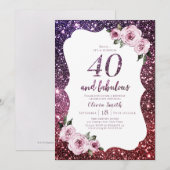 Bourgogne paarse glitter en bloemrijke 40e verjaar kaart (Voorkant / Achterkant)