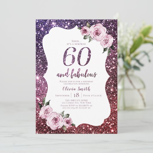 Bourgogne paarse glitter en bloemrijke 60e verjaar kaart (Staand voorkant)