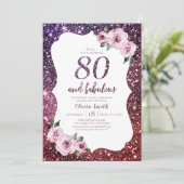 Bourgogne paarse glitter en bloemrijke 80e verjaar kaart (Staand voorkant)