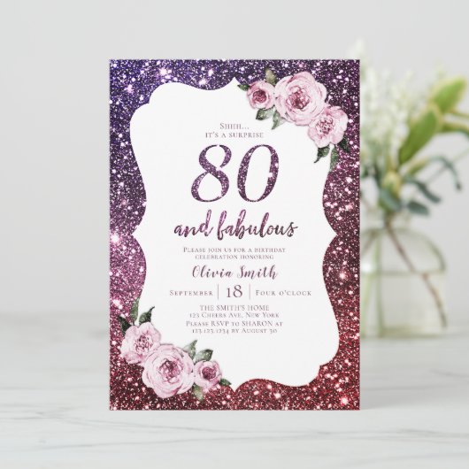 Bourgogne paarse glitter en bloemrijke 80e verjaar kaart (Staand voorkant)