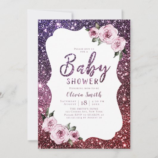 Bourgogne paarse glitter floraal baby shower kaart (Voorkant)