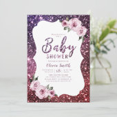 Bourgogne paarse glitter floraal baby shower kaart (Staand voorkant)