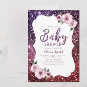 Bourgogne paarse glitter floraal baby shower kaart (Voorkant / Achterkant)