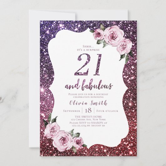 Bourgogne paarse glitter floral 21e verjaardag kaart (Voorkant)