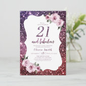 Bourgogne paarse glitter floral 21e verjaardag kaart (Staand voorkant)