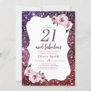 Bourgogne paarse glitter floral 21e verjaardag kaart