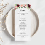 Bourgogne Paarse lente bloemenkalligrafie diner Menu<br><div class="desc">Deze bordeaux paarse lente bloemenkalligrafie diner menukaart is perfect voor een eenvoudige bruiloft. Het handbeschilderde ontwerp is voorzien van groene bladeren, oogverblindend roze, blush, paarse, rode, witte en bordeaux oogverblindende rozen, pioenen netjes gerangschikt in kleine schattige boeketten. Dit menu kan worden gebruikt voor een huwelijksreceptie, repetitiediner, vrijgezellenfeest of een evenement....</div>