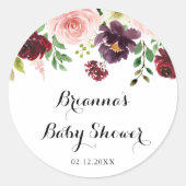 Bourgogne Paarse lente bloemig Baby shower gunst Ronde Sticker (Voorkant)