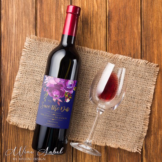 Bourgogne Paarse Rode Gouden Bloemen Save the Date Wijn Etiket