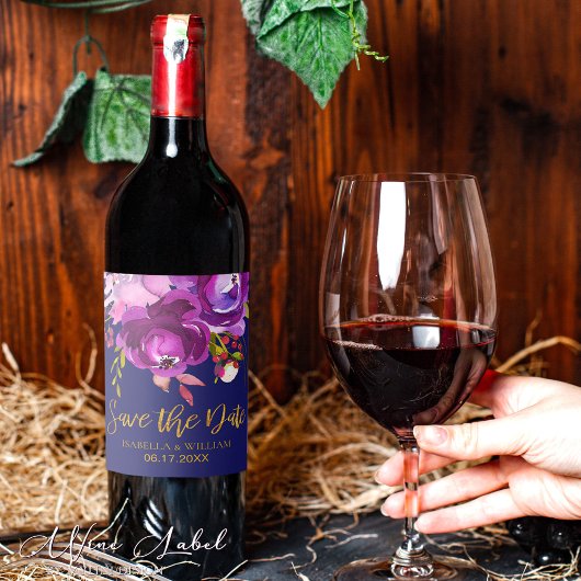 Bourgogne Paarse Rode Gouden Bloemen Save the Date Wijn Etiket