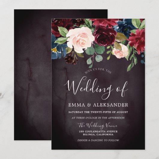 Bourgogne Paarse rode wijnbloemen bruiloft Kaart (Voorkant / Achterkant)