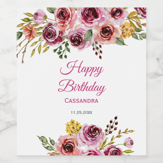 Bourgogne Paarse Roos rustieke bloemen Verjaardag Wijn Etiket (Enkel label)