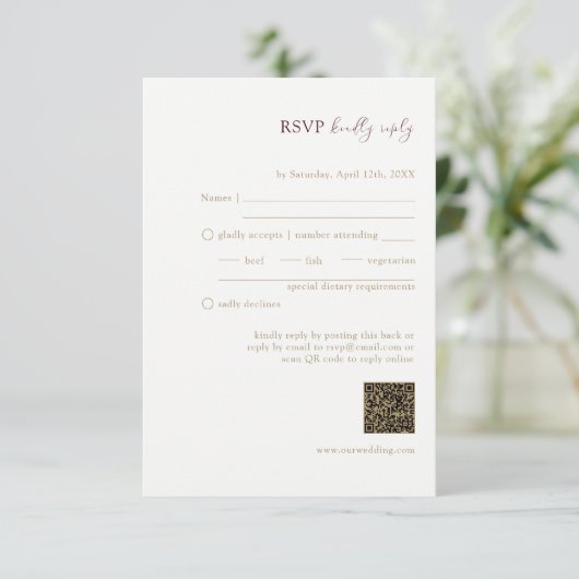 Bourgogne Passie Bruiloft RSVP QR Code Informatiekaartje (Staand voorkant)
