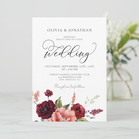 Bourgogne Peach Alles in 1 Budget QR Code Bruiloft Kaart (Staand voorkant)