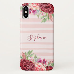Bourgogne Perzik Bloemblush Strepen Monogram Case-Mate iPhone Case