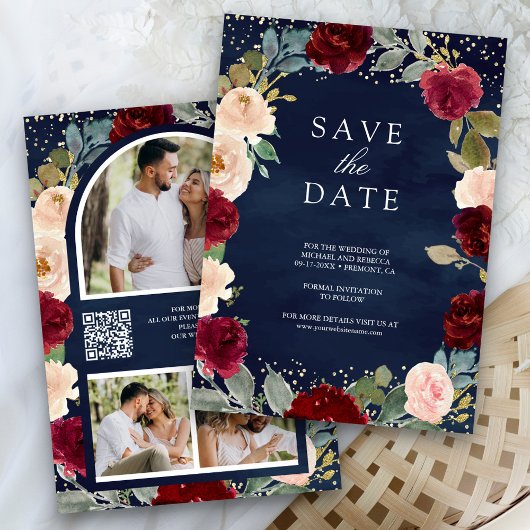 Bourgogne Perzik Bloemen Foto Marine QR Code Huwel Save The Date