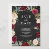 Bourgogne Perzik Bloemen Foto Zwart QR Code Huweli Save The Date (Voorkant)