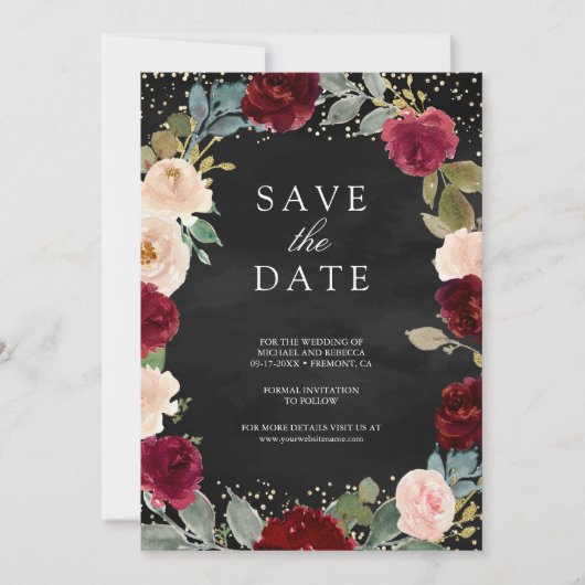 Bourgogne Perzik Bloemen Foto Zwart QR Code Huweli Save The Date (Voorkant)