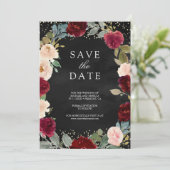Bourgogne Perzik Bloemen Foto Zwart QR Code Huweli Save The Date (Staand voorkant)