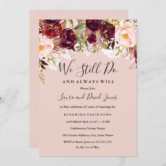 Bourgogne Perzik Bloemen Kant Trouwgelofte Vernieu Kaart (Voorkant / Achterkant)