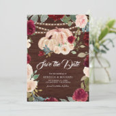 Bourgogne Perzik Bloemen Pompoen Hout Wedding Save The Date (Staand voorkant)