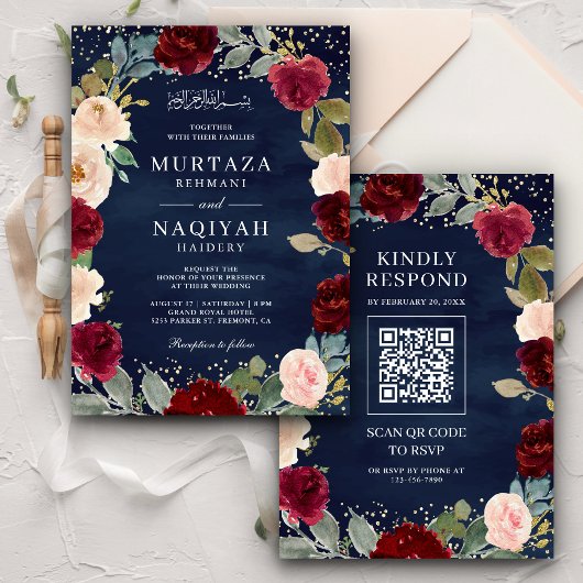 Bourgogne Perzik Bloemen QR Code Marine Moslim Bru Kaart